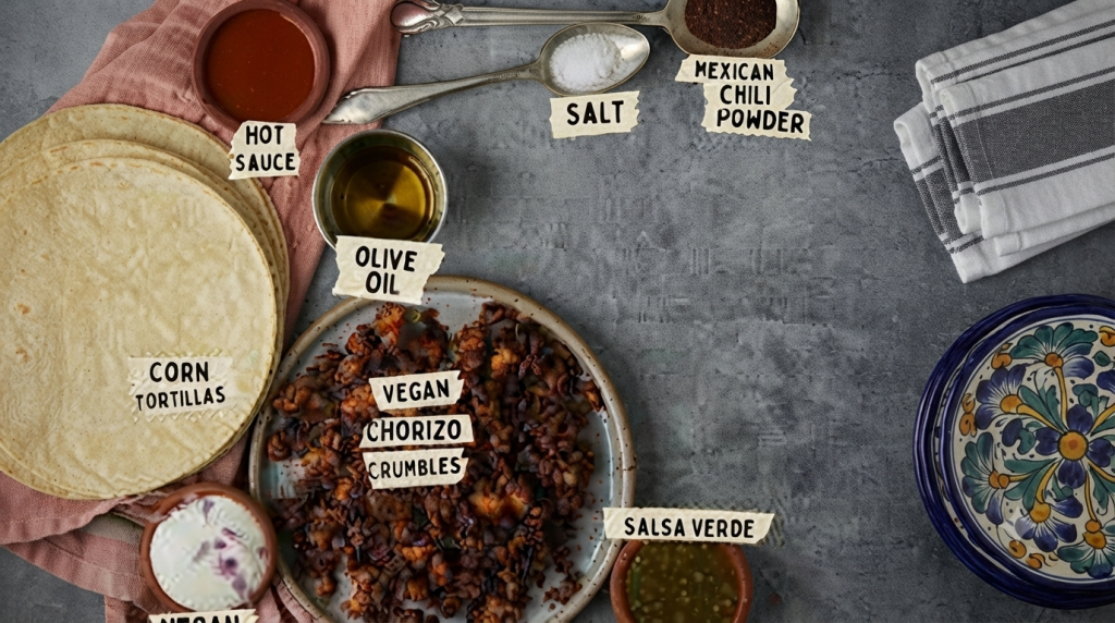 Flat lay of Mexican cooking ingredients including corn tortillas, vegan chorizo crumbles, hot sauce, and spices on a rustic surface