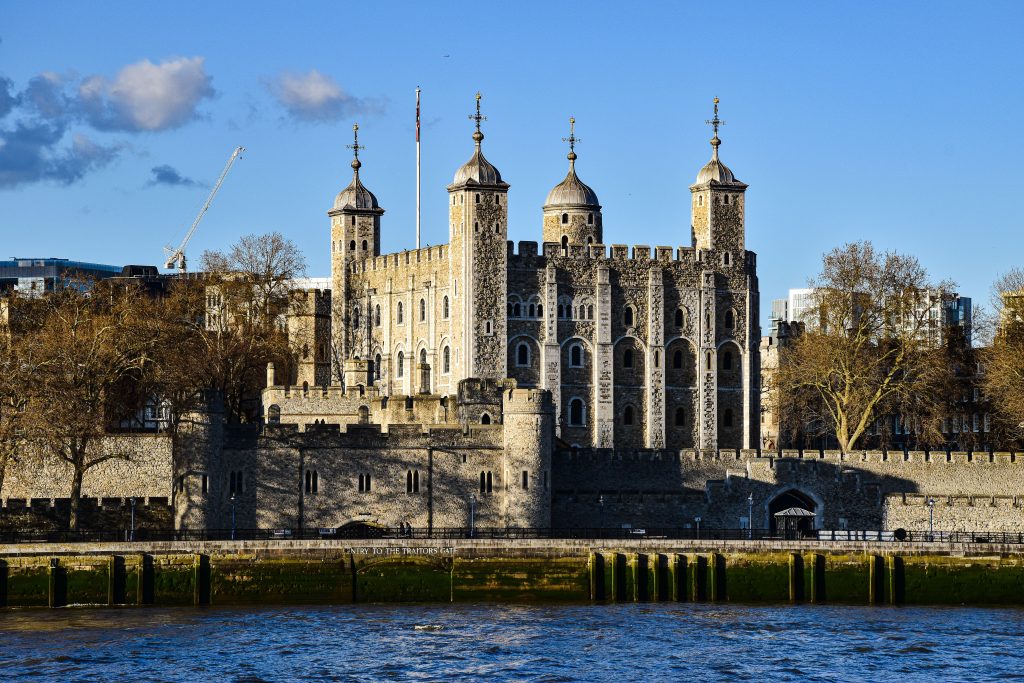 he historic Tower of London castle near the secret free crypt museum.