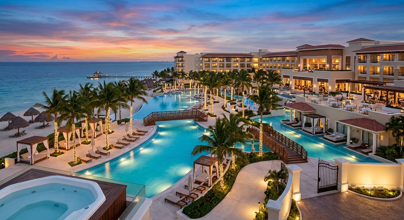 A luxury all-inclusive resort swimming pool with palm trees in Cancun Mexico under a sunny sky