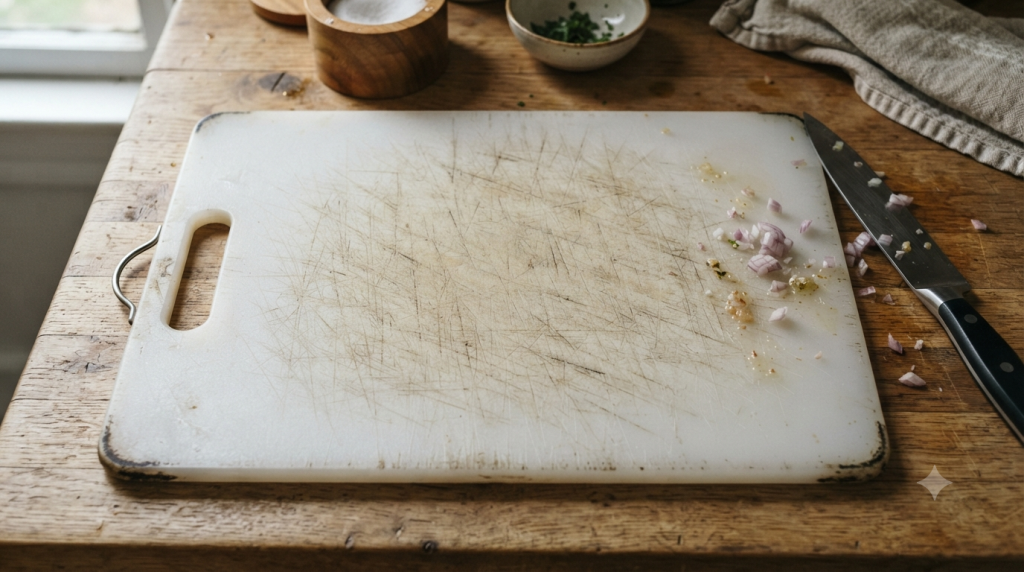 Close-up of a heavily scratched white plastic cutting board showing deep knife grooves and frayed plastic texture.