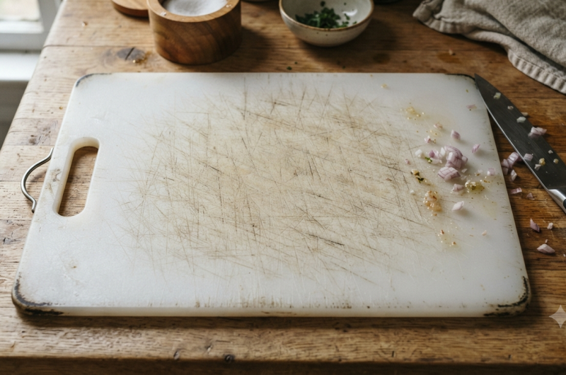 Close-up of a heavily scratched white plastic cutting board showing deep knife grooves and frayed plastic texture.